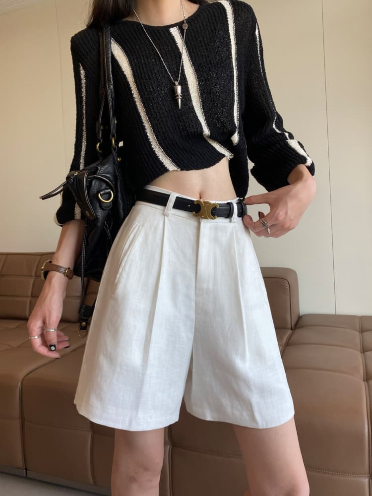 白パンツ リネン混ゆったりハーフパンツ
