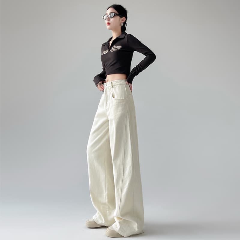 白パンツ ハイウエストワイドストレートパンツ