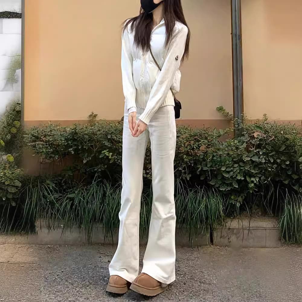 白パンツ ハイウエスト美脚フレアパンツ