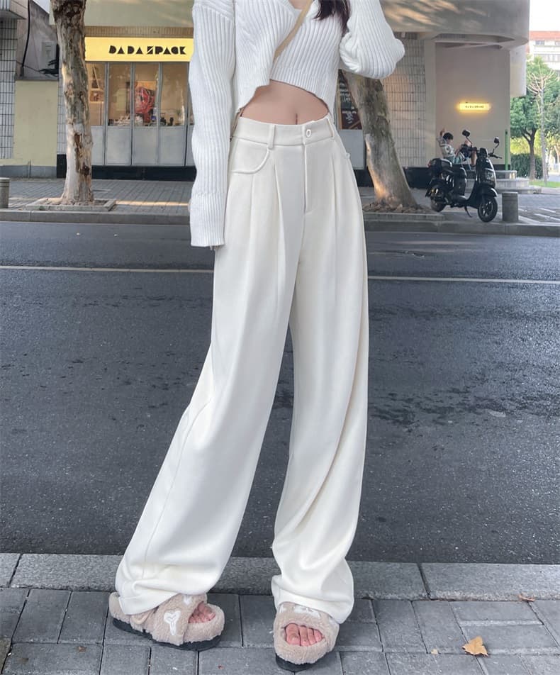 白パンツ ハイウエストゆったりワイドパンツ