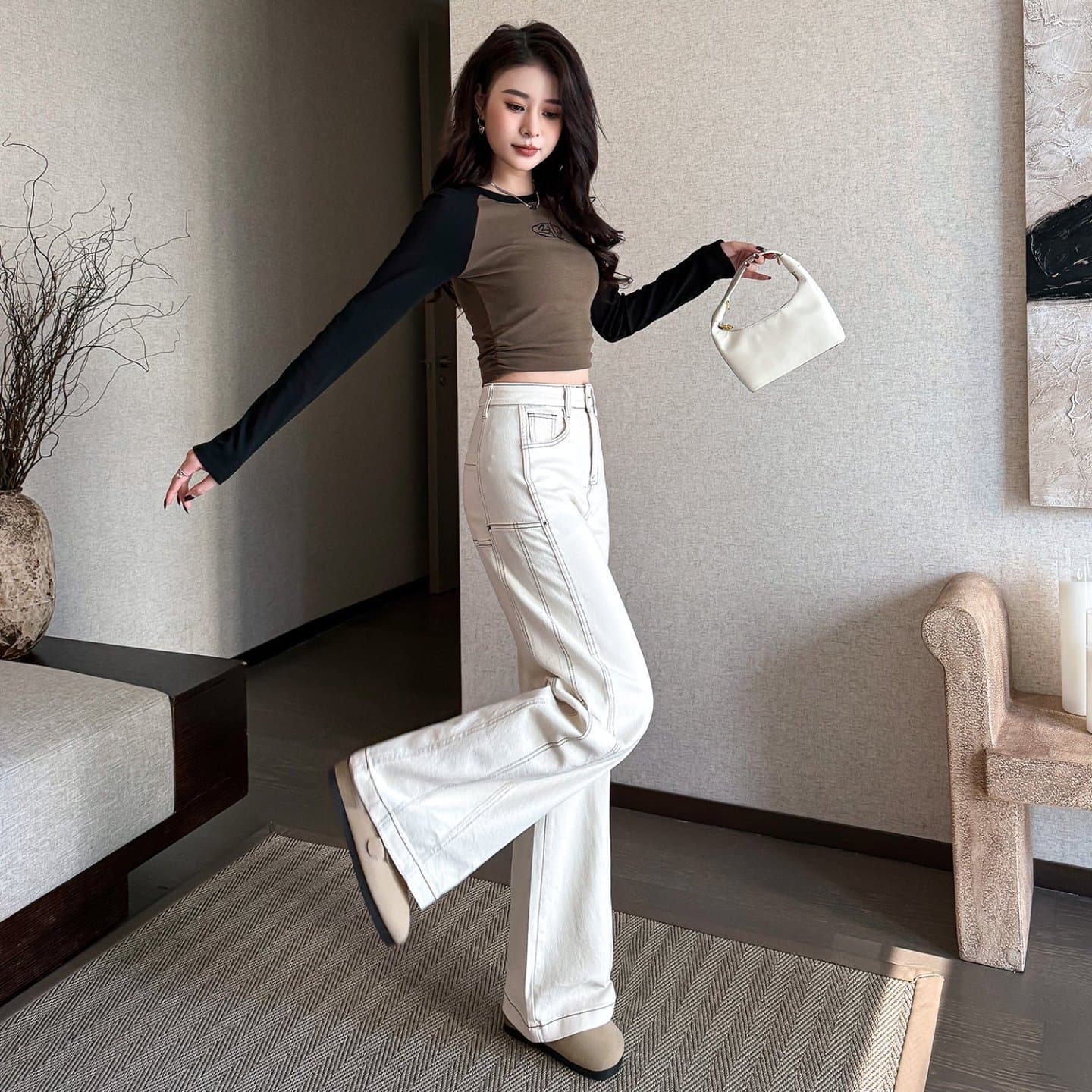 白パンツ ハイウエストワイドデニムパンツ