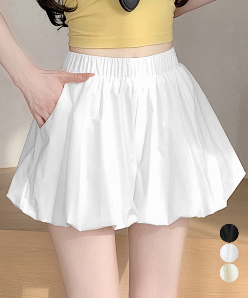 白パンツ ふんわりバルーンキュロット ハイウエストショートパンツ