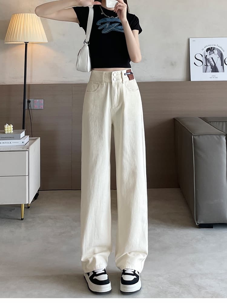 白パンツ ハイウエストワイドデニムパンツ