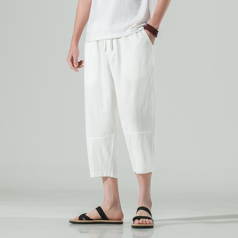 白パンツ リネン混紡 リラックスクロップドパンツ