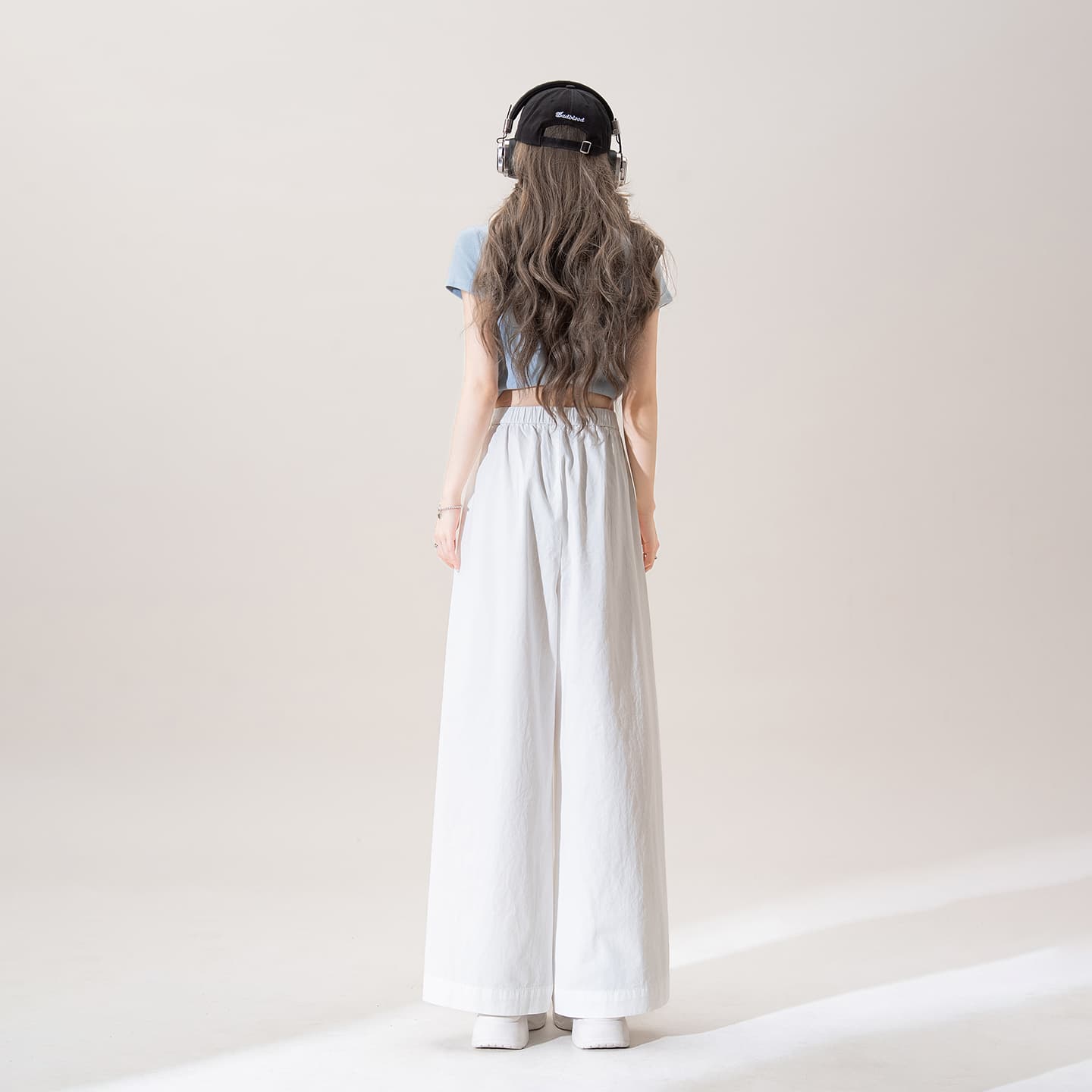 白パンツ ゆったりワイド綿麻素材ロングパンツ