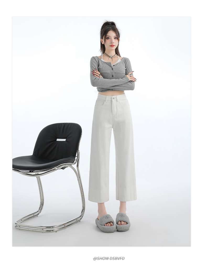 白パンツ ゆったりハイウエストワイドパンツ