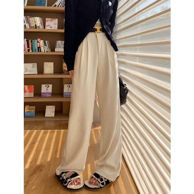 白パンツ ウエスト切替プリーツワイドパンツ