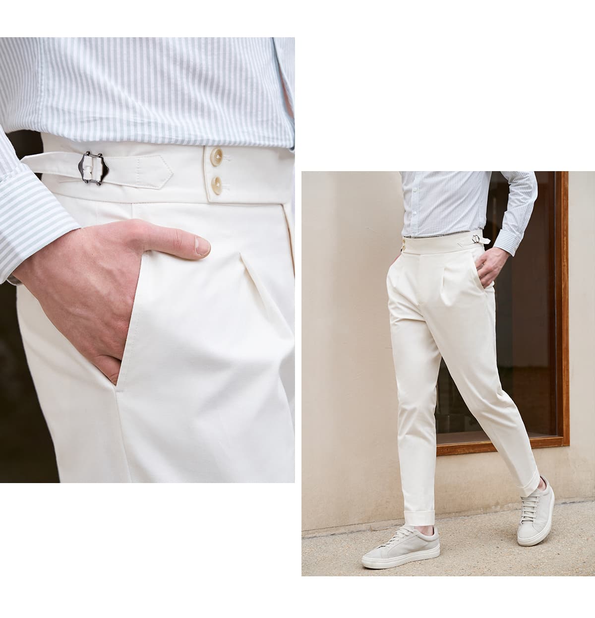 白パンツ サイドアジャスター付きワンタックパンツ