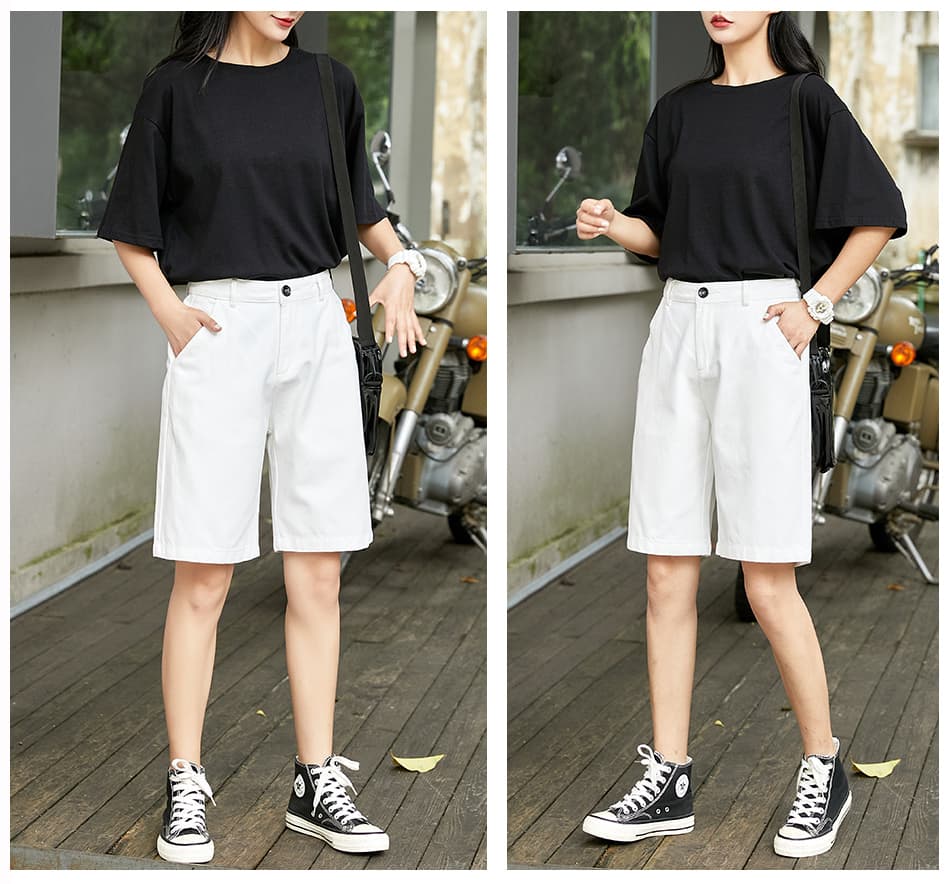 白パンツ シンプル膝丈ストレートハーフパンツ