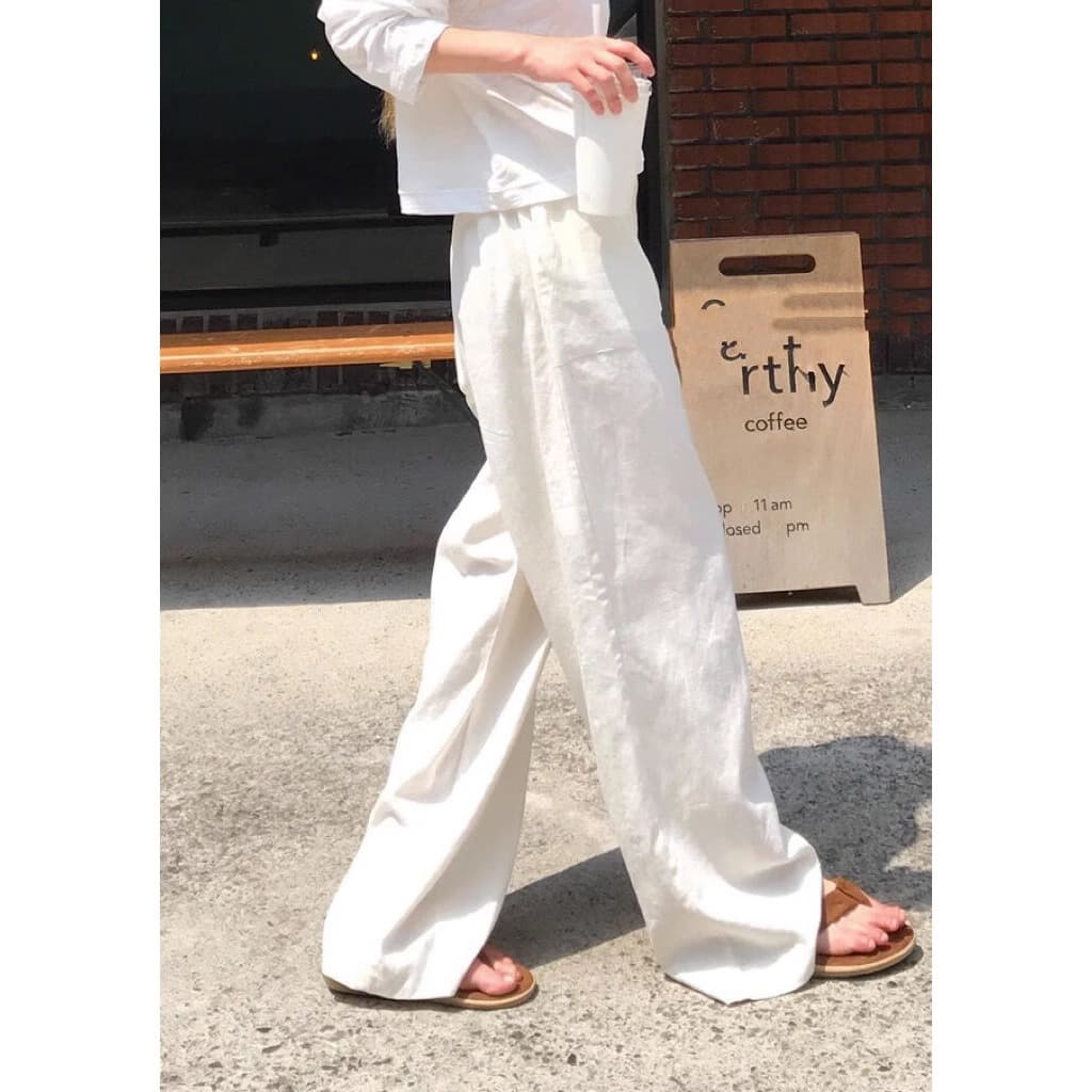 白パンツ リネン混ハイウエストゆったりワイドパンツ