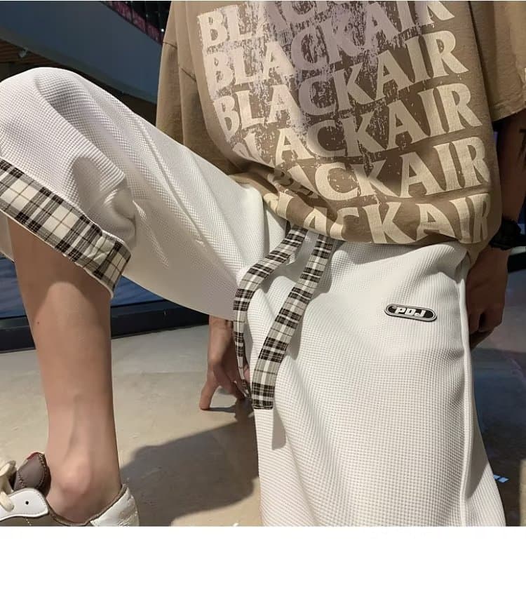 白パンツ 格子柄ワンポイント七分丈パンツ