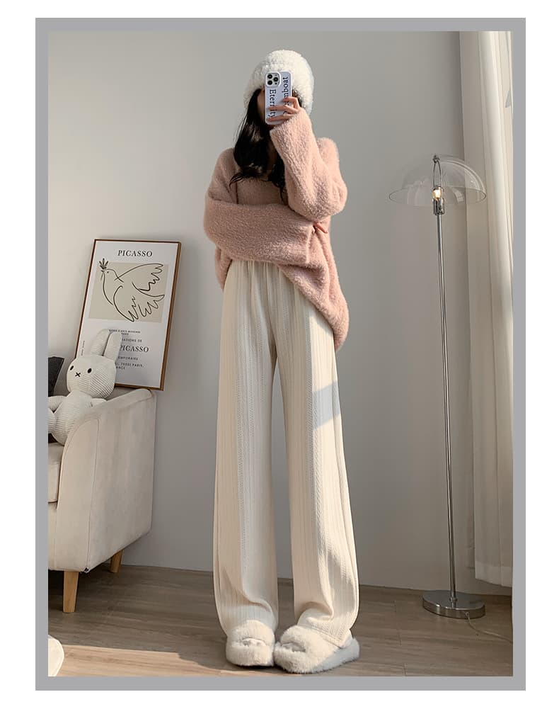 白パンツ テレコリブ ゆったり美脚パンツ