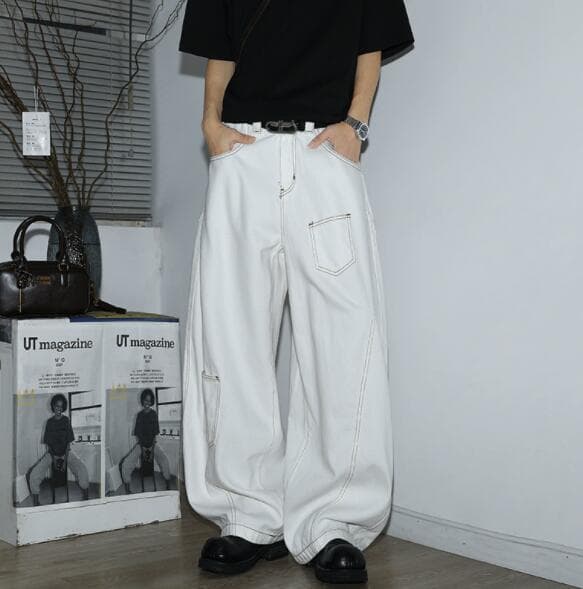 白パンツ 白色デニムワイドパンツ ゆったりシルエット