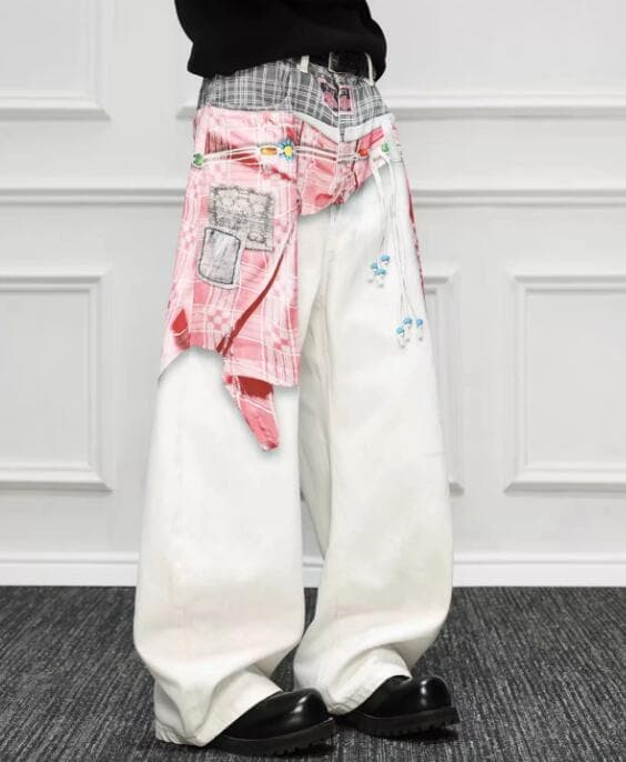 白パンツ 秋冬メンズ白ワイドパンツ レイヤード刺繍デザイン