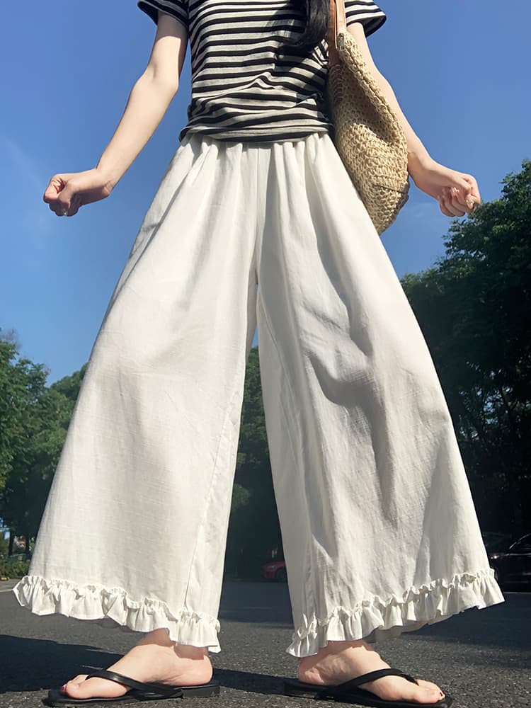 白パンツ 裾フリル付きワイドレッグ麻混素材パンツ